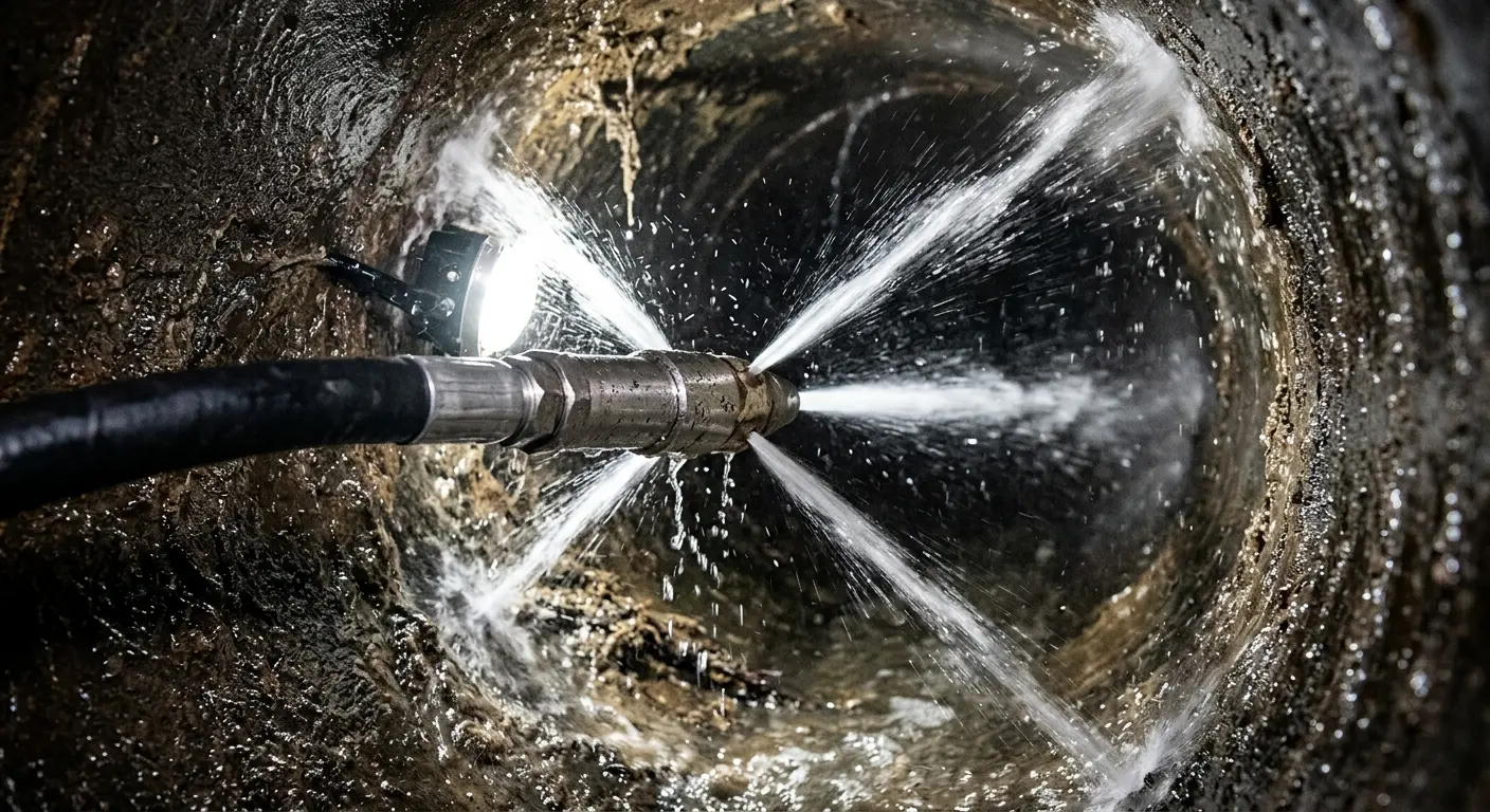 High-pressure hydro jetting nozzle cleaning sewer pipe for Trenchless Sewer Repair in The Crossings