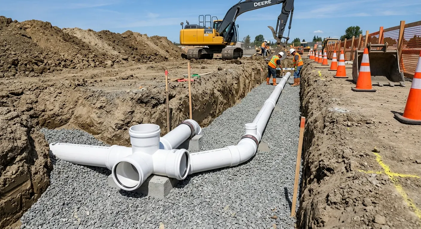 New PVC sewer pipe installation in open trench for Grease Trap Cleaning in The Crossings
