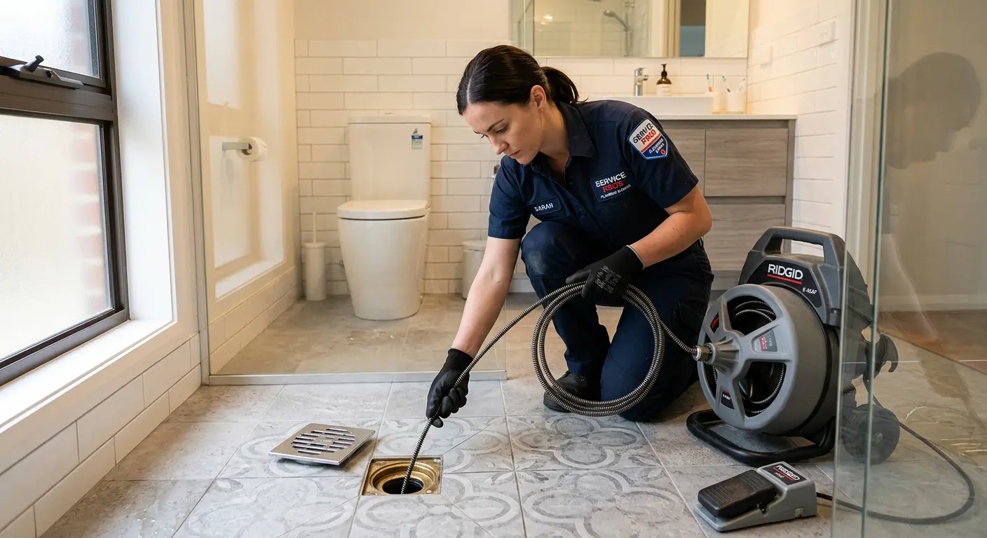 Technician clearing a bathroom floor drain for Sewer Line Installation in The Crossings